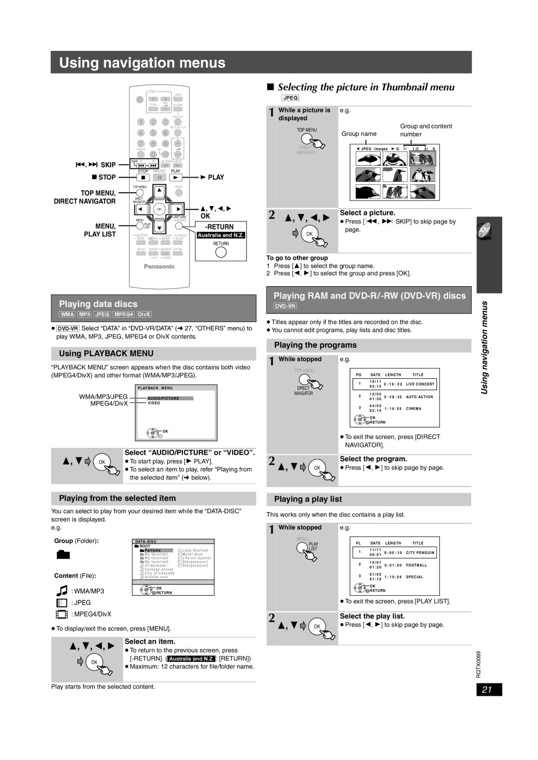 Panasonic SC-PT565, SC-PT560, SC-PT865 Using navigation menus, Selecting the picture in Thumbnail menu, Playing data discs 