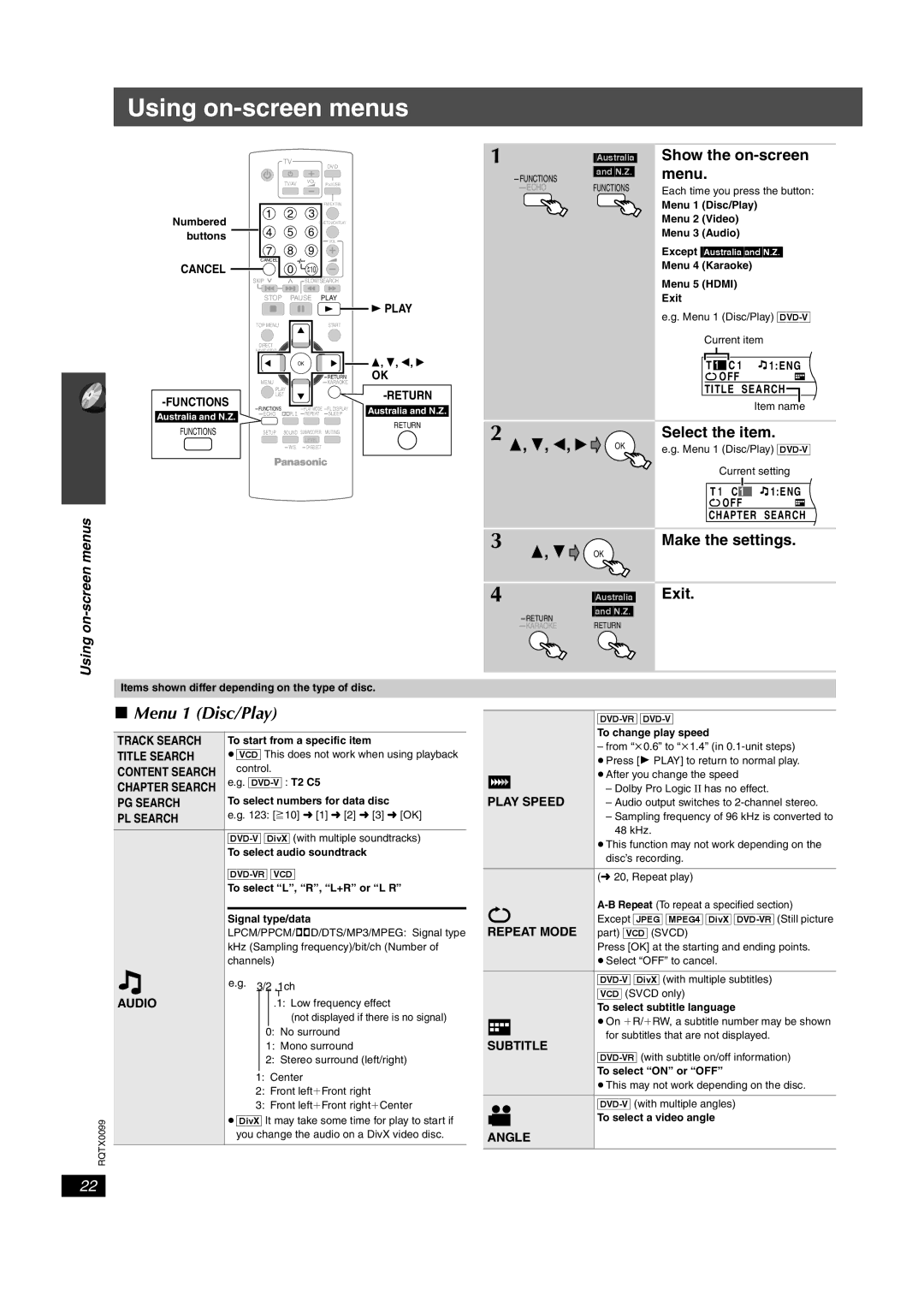 Panasonic SC-PT560, SC-PT565, SC-PT865 Using on-screen menus, Menu 1 Disc/Play, Show the on-screen menu, Select the item 