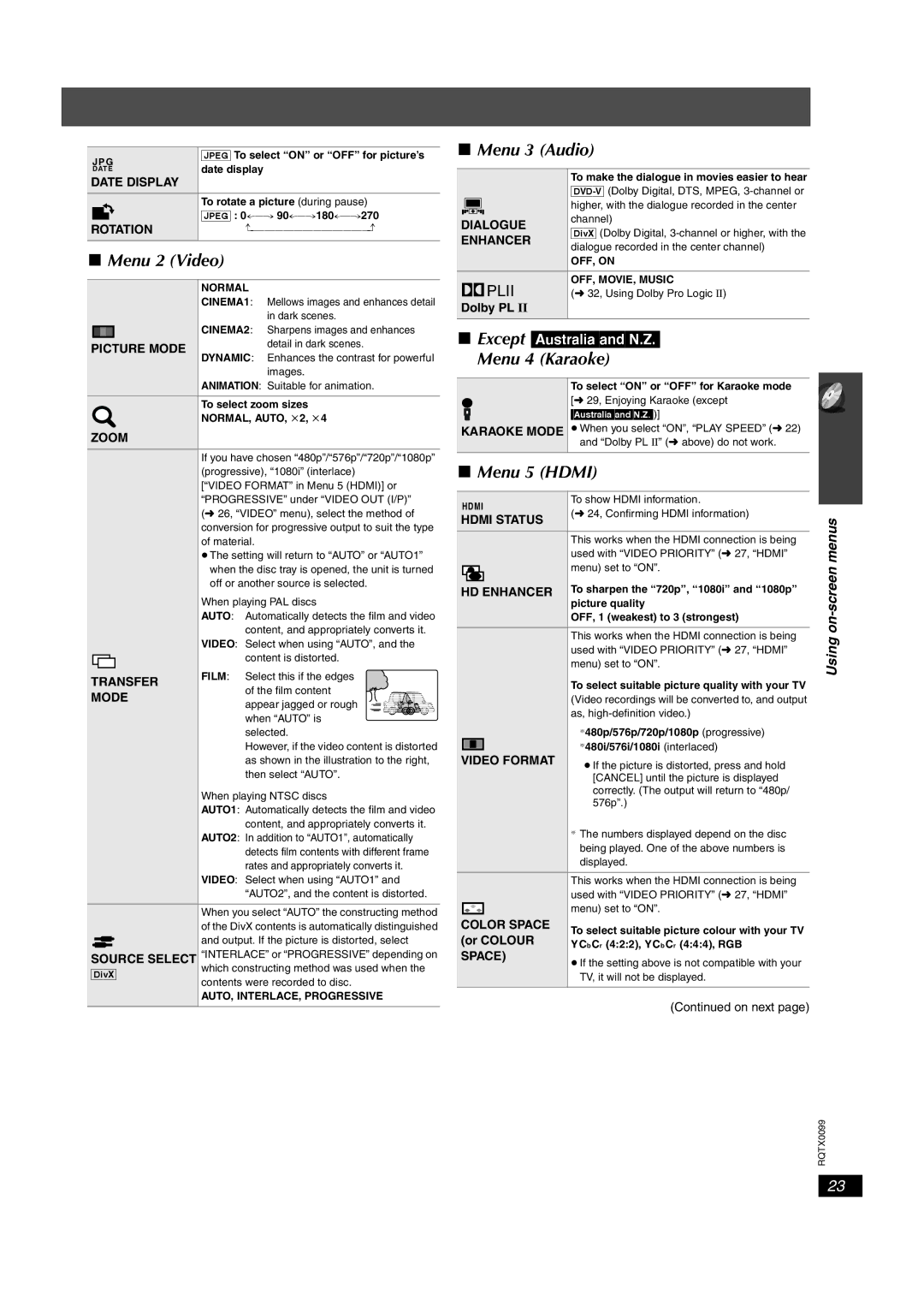 Panasonic SC-PT865, SC-PT565, SC-PT560 operating instructions Menu 2 Video, Menu 3 Audio, Menu 4 Karaoke, Menu 5 Hdmi 