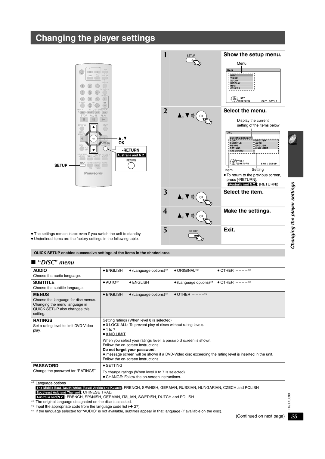 Panasonic SC-PT560 Changing the player settings, Disc menu, Select the menu, Select the item Make the settings Exit 