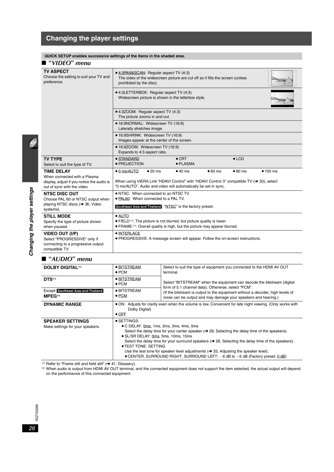 Panasonic SC-PT865, SC-PT565, SC-PT560 operating instructions Video menu, Audio menu 