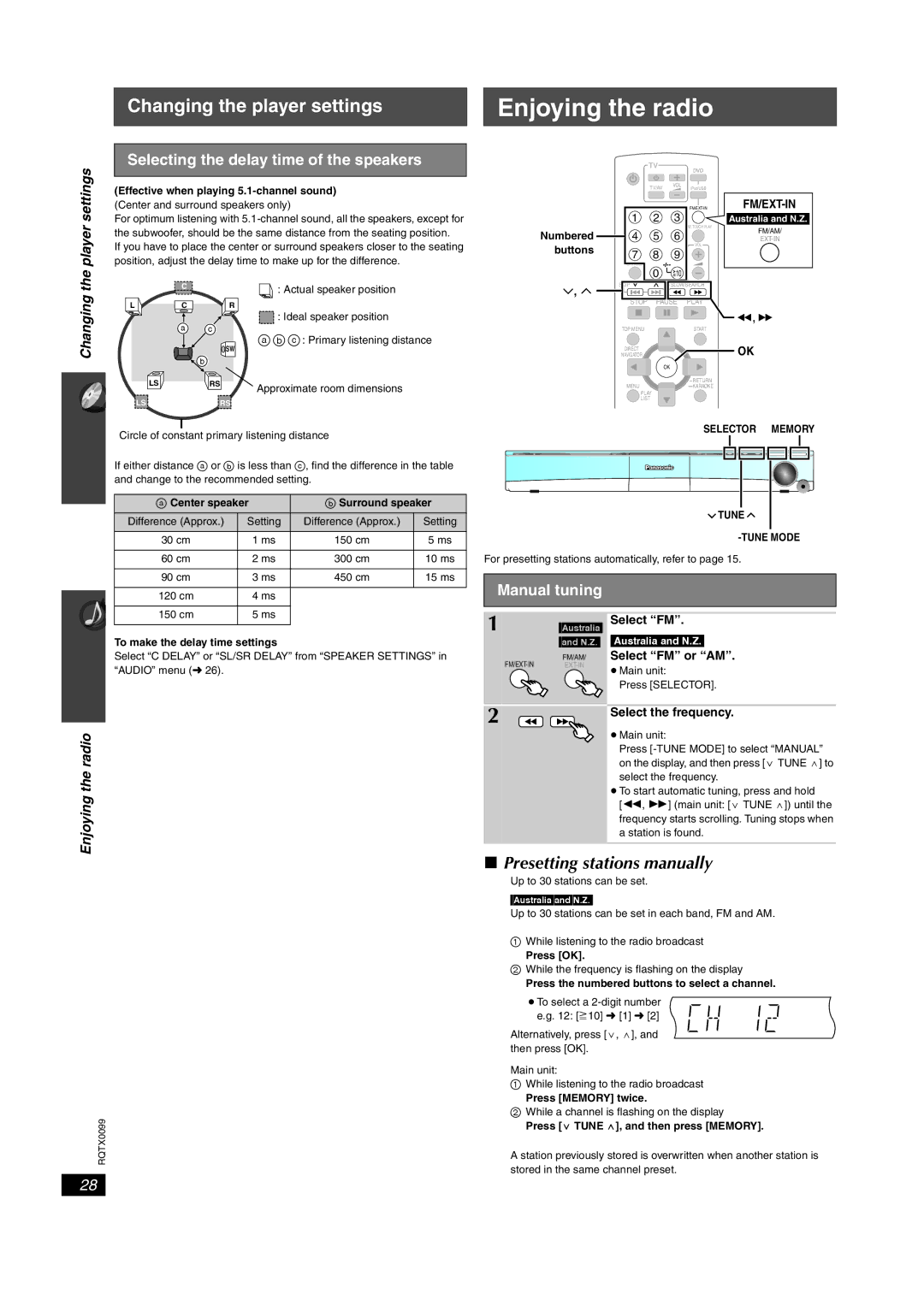 Panasonic SC-PT560, SC-PT565 Enjoying the radio, Presetting stations manually, Selecting the delay time of the speakers 