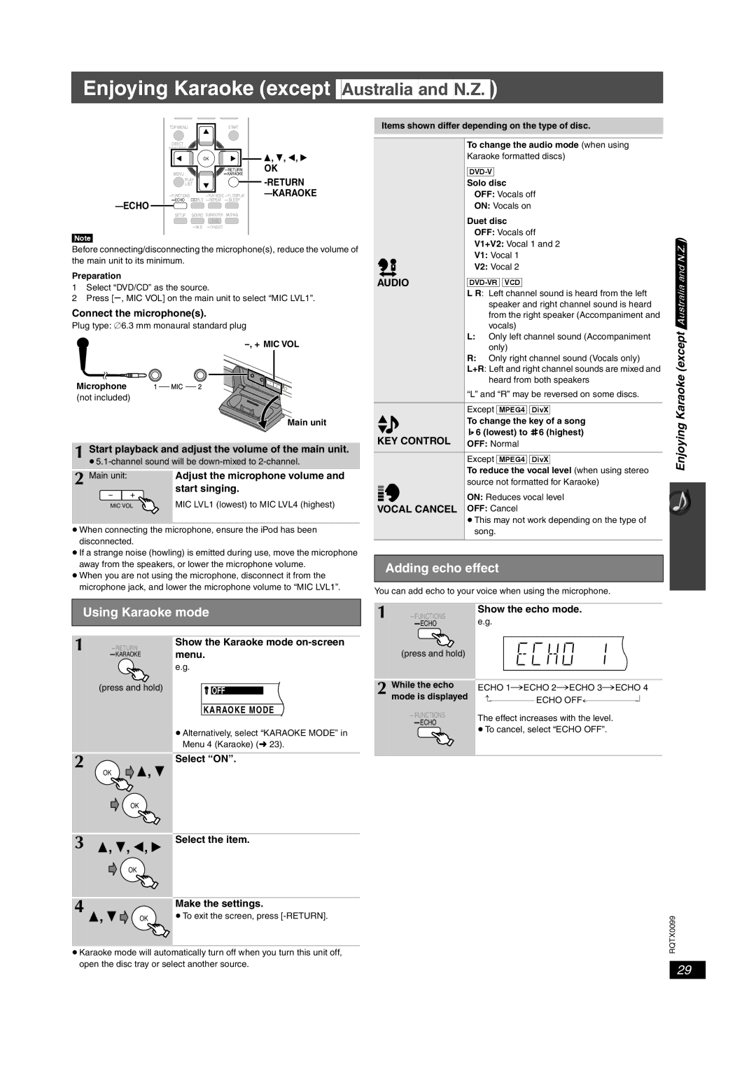 Panasonic SC-PT865, SC-PT565, SC-PT560 Enjoying Karaoke except AustraliaandN.Z, Adding echo effect, Using Karaoke mode 