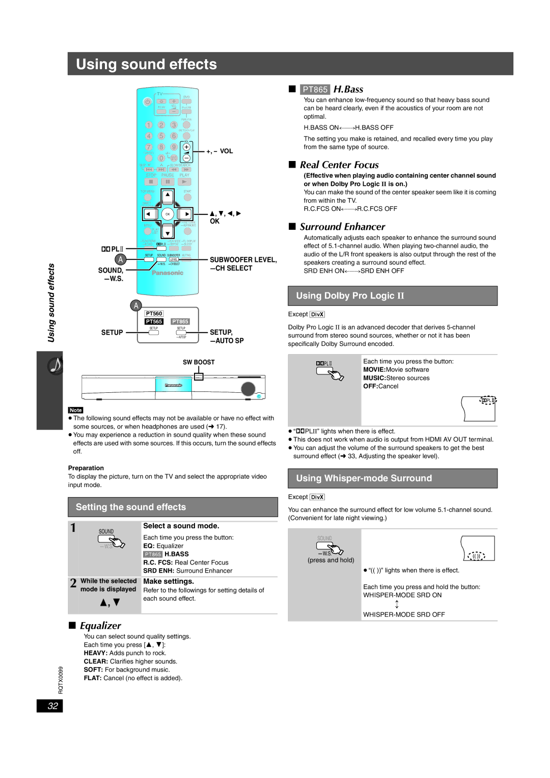 Panasonic SC-PT865, SC-PT565, SC-PT560 Using sound effects, Real Center Focus, Surround Enhancer, Equalizer 