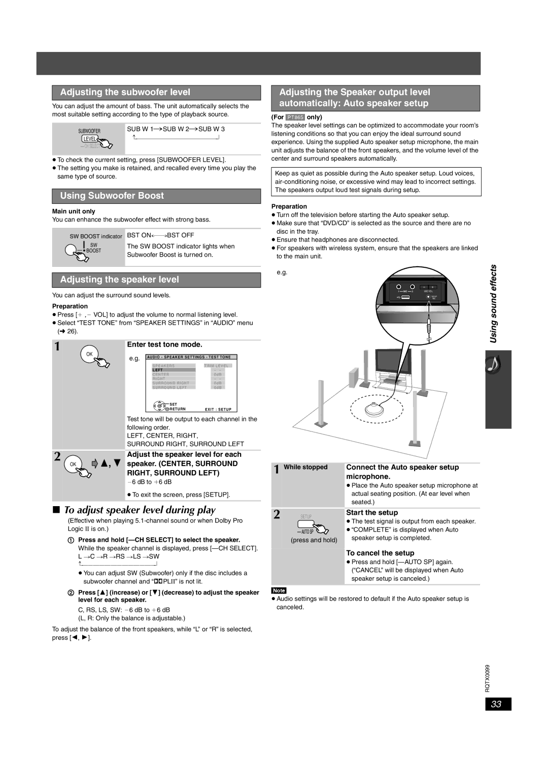 Panasonic SC-PT565, SC-PT560 To adjust speaker level during play, Adjusting the subwoofer level, Using Subwoofer Boost 