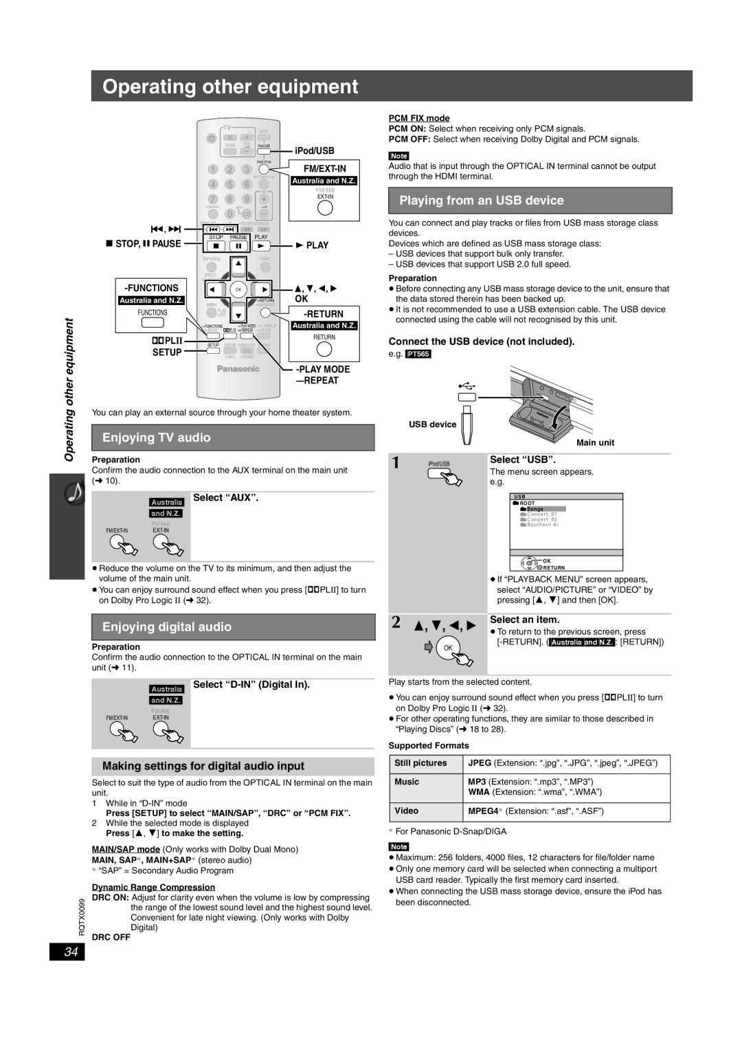 Panasonic SC-PT560 Operating other equipment, Enjoying TV audio, Enjoying digital audio, Playing from an USB device 