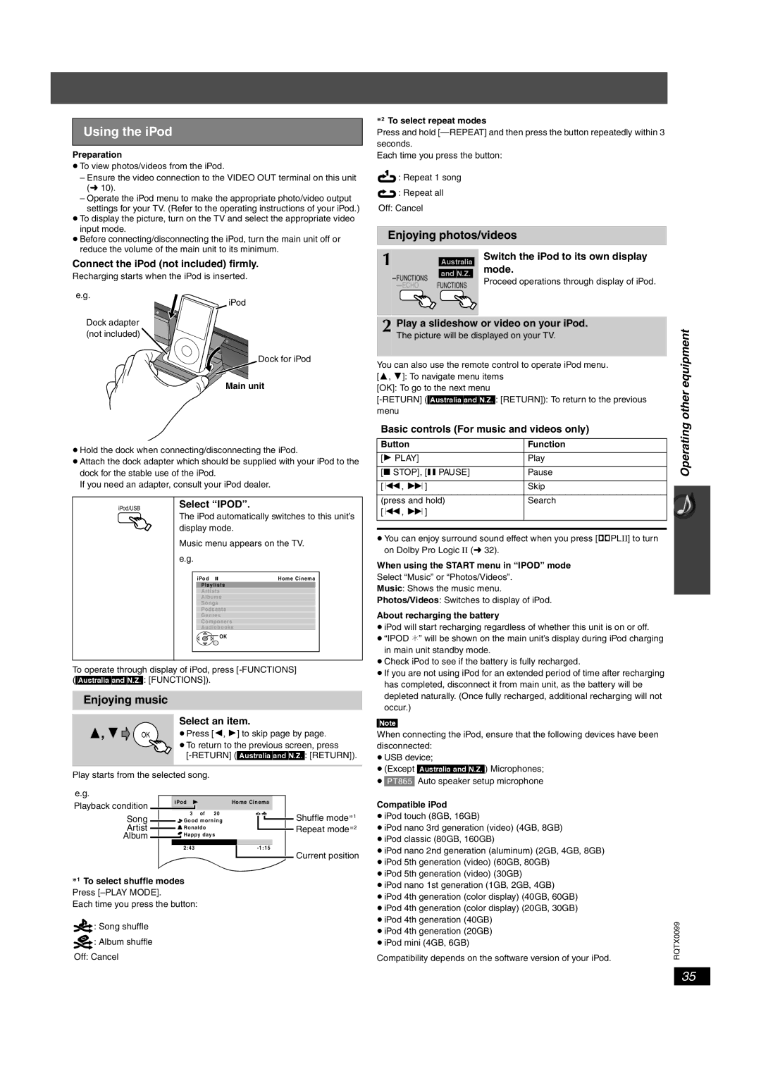 Panasonic SC-PT865, SC-PT565, SC-PT560 operating instructions Using the iPod, Enjoying music, Enjoying photos/videos 