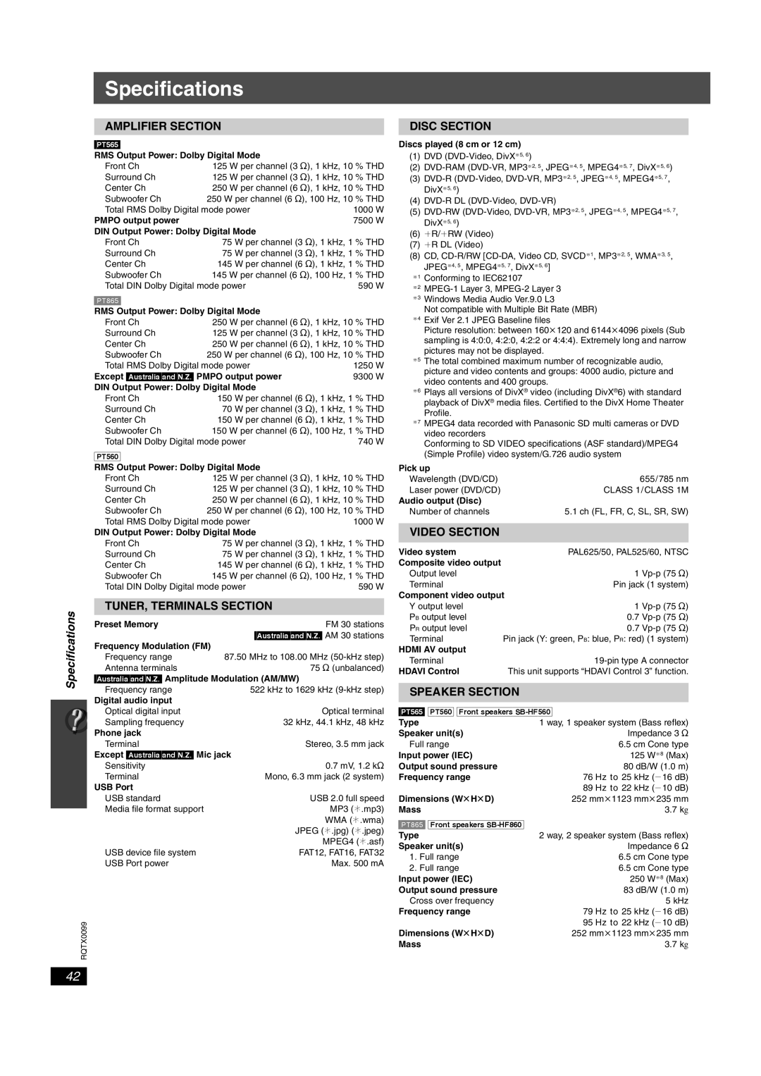 Panasonic SC-PT565, SC-PT560, SC-PT865 operating instructions Specifications 