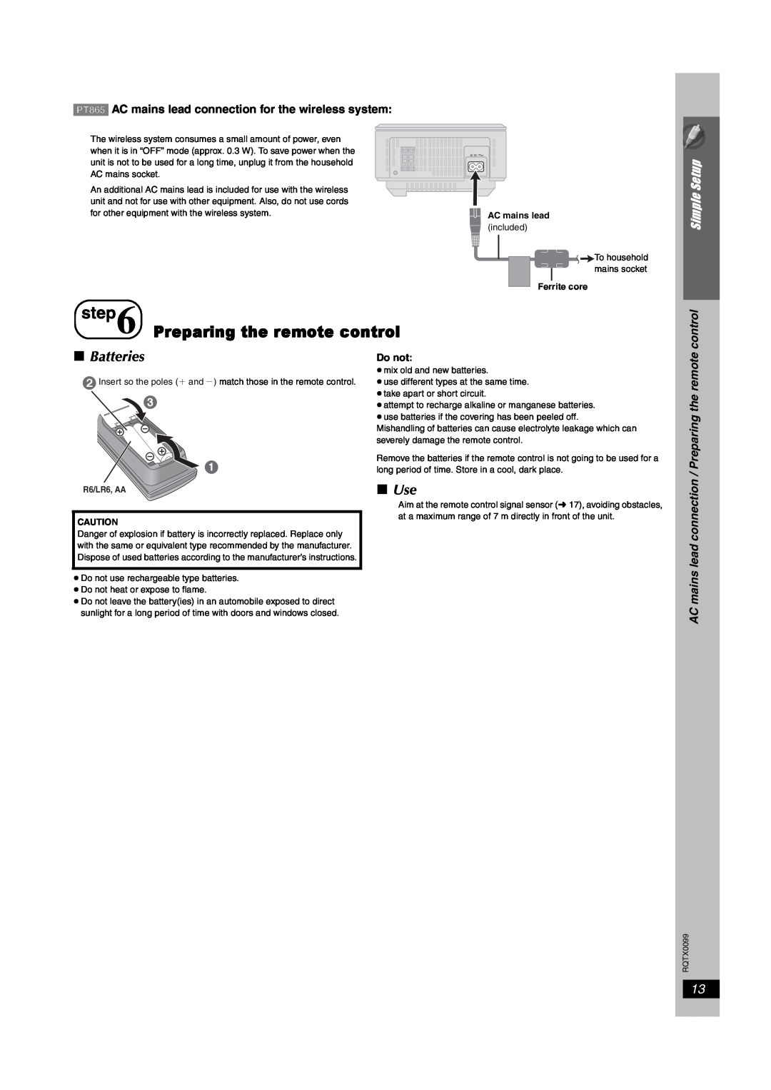 Panasonic SC-PT560, SC-PT565, SC-PT865 operating instructions Preparing the remote control, Batteries, Use, Simple Setup 