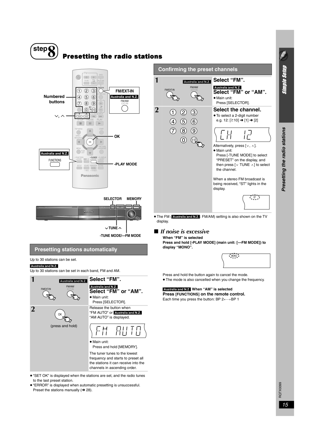 Panasonic SC-PT565 Presetting the radio stations, ∫If noise is excessive, 2 1 2 4 5, Confirming the preset channels, Setup 