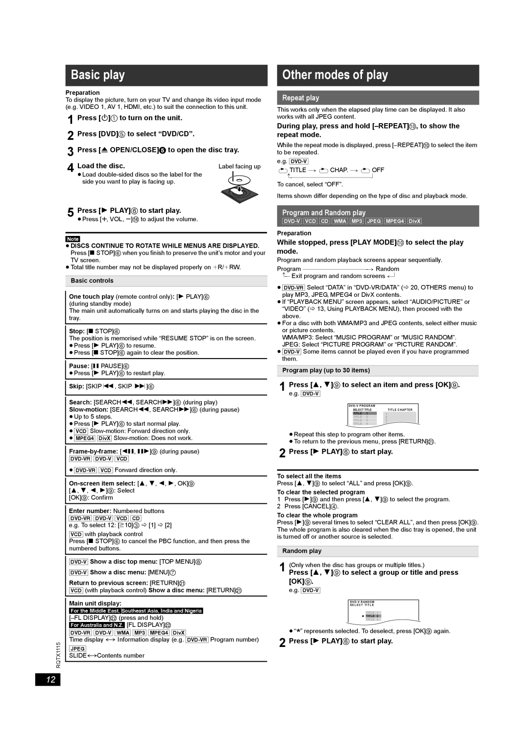 Panasonic SC-PT580, SC-PT980 manual Basic play Other modes of play, Repeat play, Program and Random play 