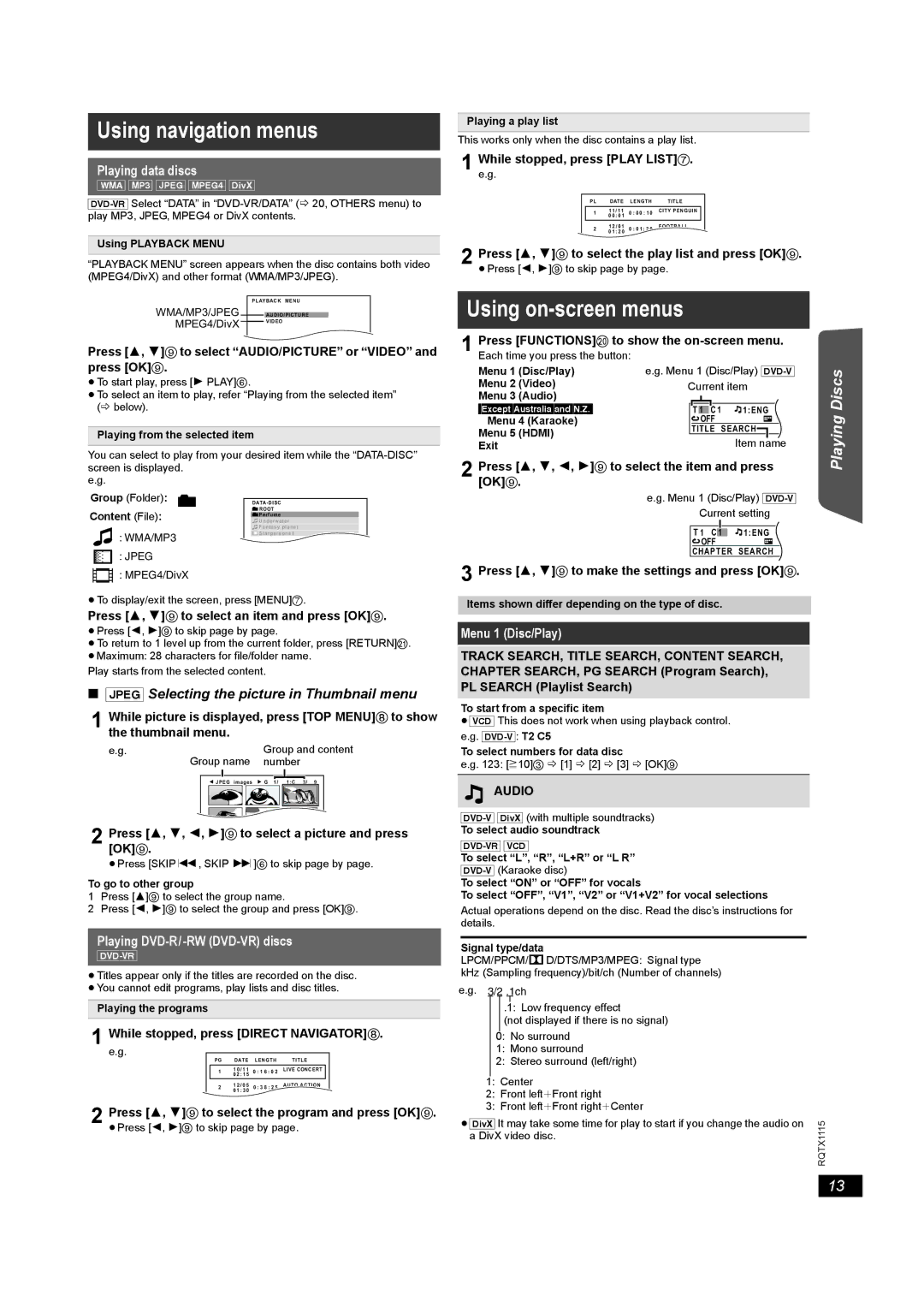 Panasonic SC-PT980 manual Using navigation menus, Using on-screen menus, Playing data discs, Playing DVD-R/-RW DVD-VR discs 