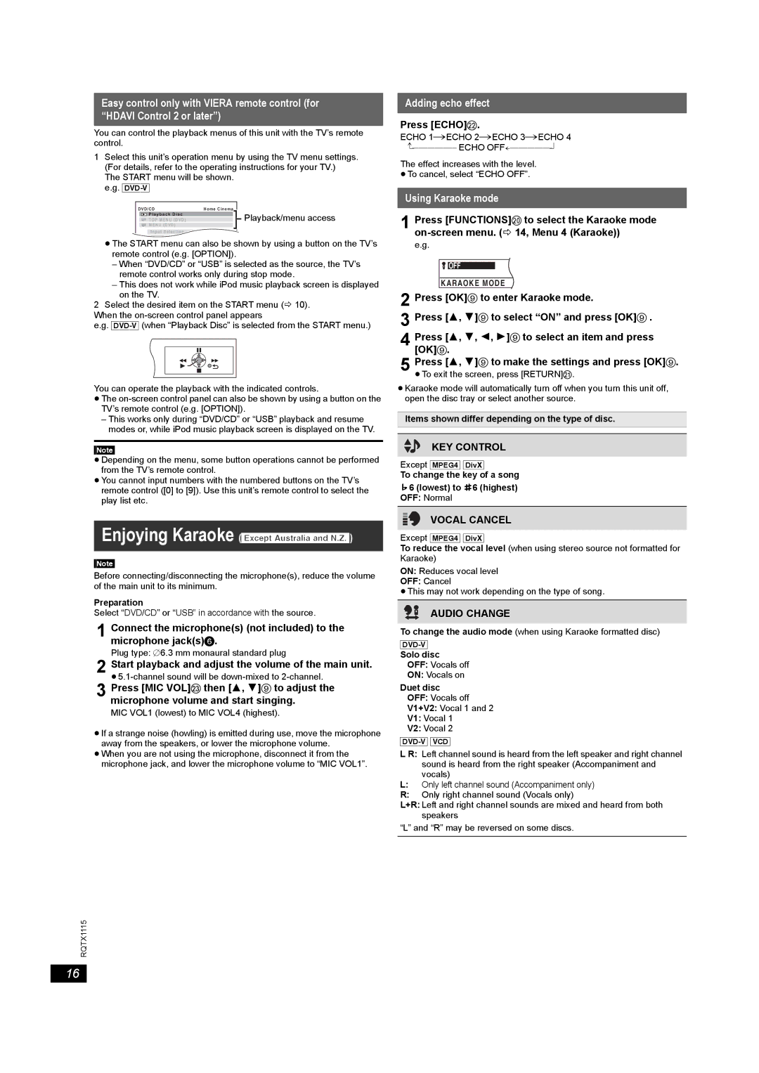 Panasonic SC-PT580, SC-PT980 manual Adding echo effect, Using Karaoke mode, KEY Control, Vocal Cancel, Audio Change 