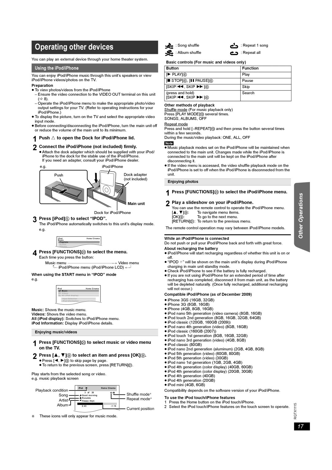 Panasonic SC-PT980, SC-PT580 manual Operating other devices, Using the iPod/iPhone, Press iPod5 to select Ipod 