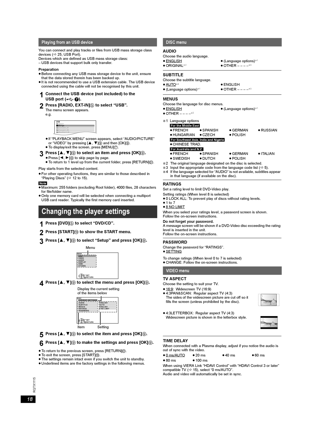 Panasonic SC-PT580, SC-PT980 manual Changing the player settings, Playing from an USB device, Disc menu, Video menu 