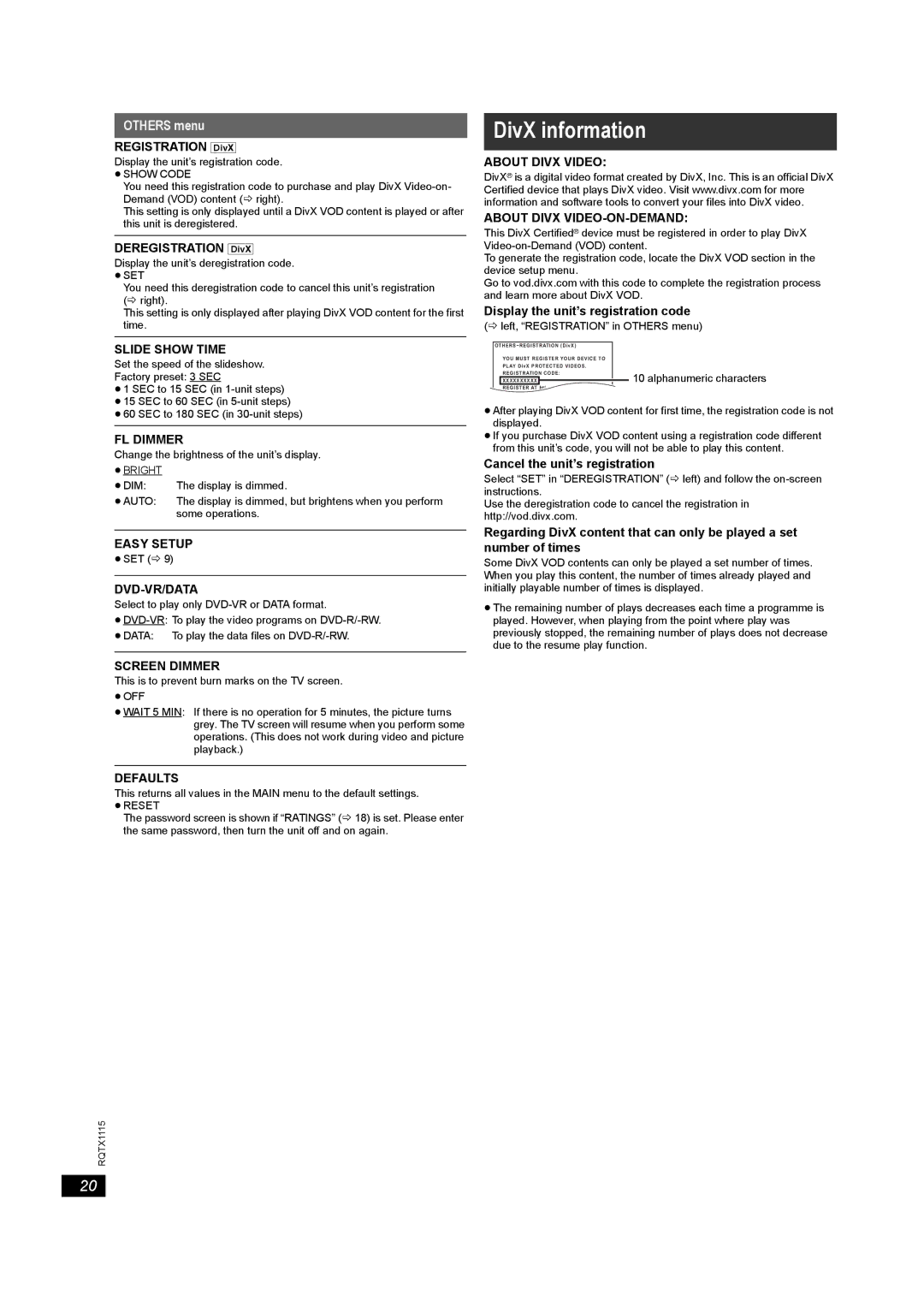 Panasonic SC-PT580, SC-PT980 manual DivX information, Others menu 