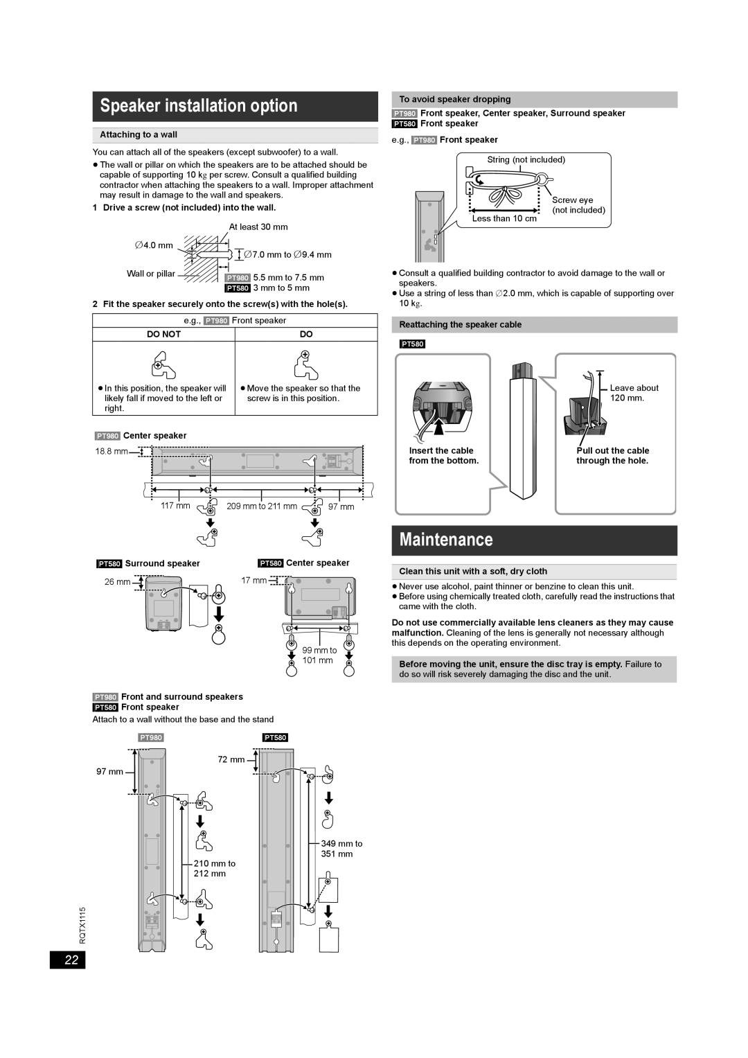 Panasonic SC-PT580, SC-PT980 manual Speaker installation option, Maintenance, Do not 