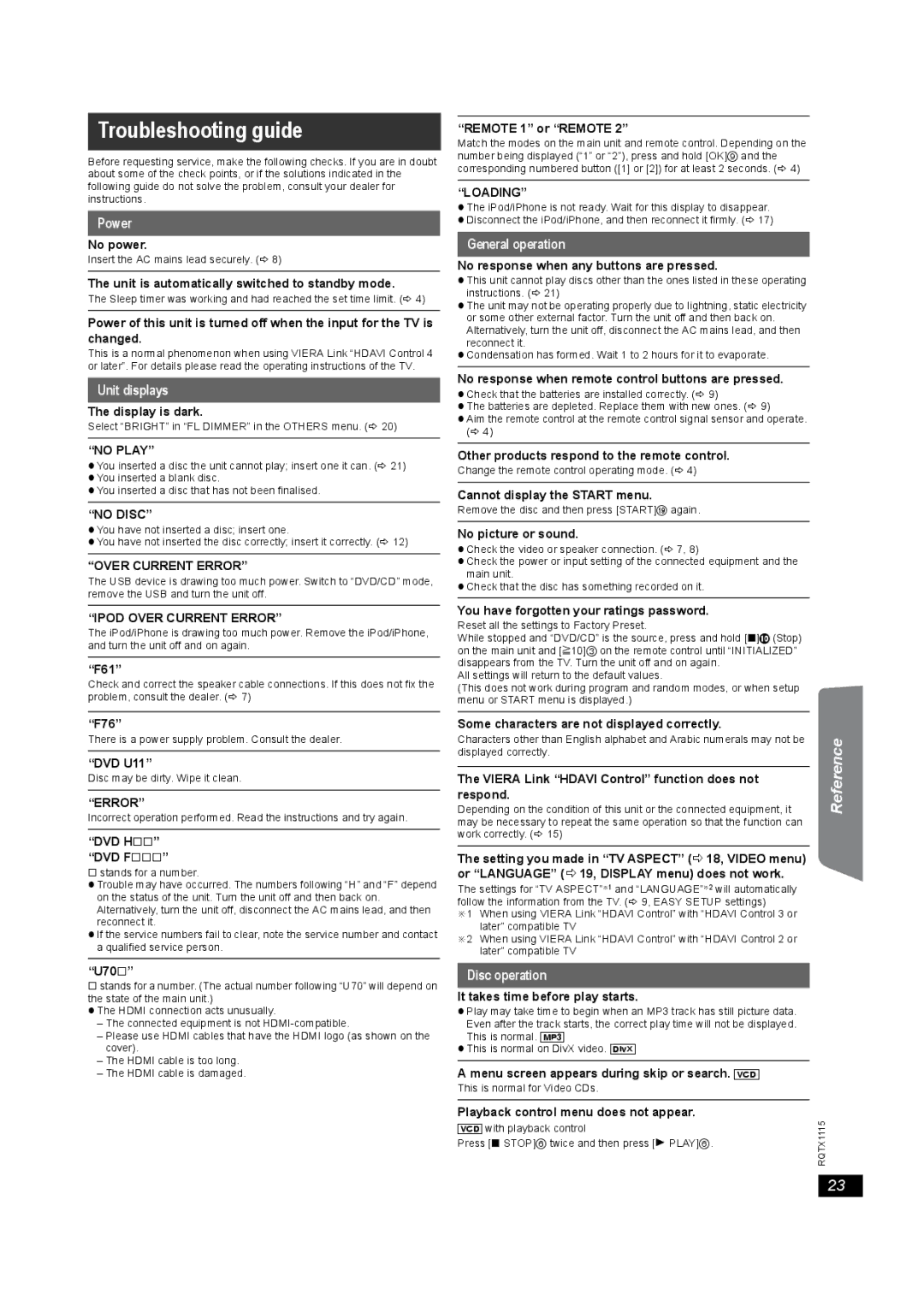 Panasonic SC-PT980, SC-PT580 manual Troubleshooting guide, Getting Started Playing Discs Other Operations 