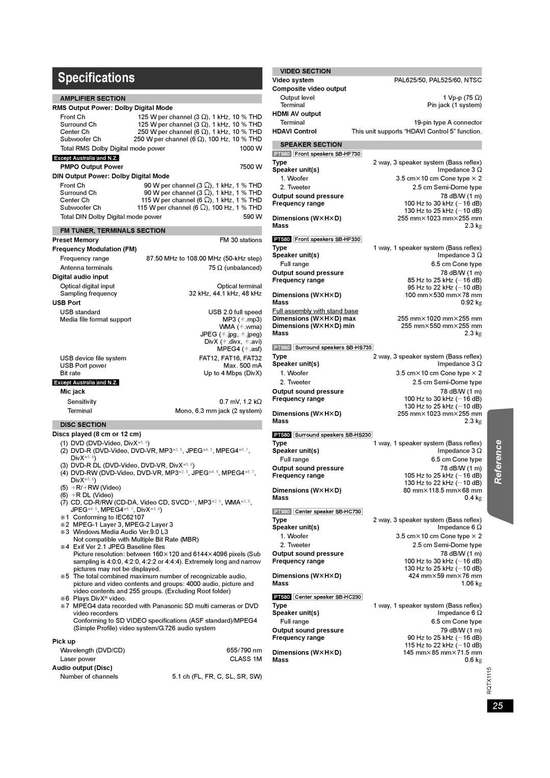 Panasonic SC-PT980, SC-PT580 manual Specifications 