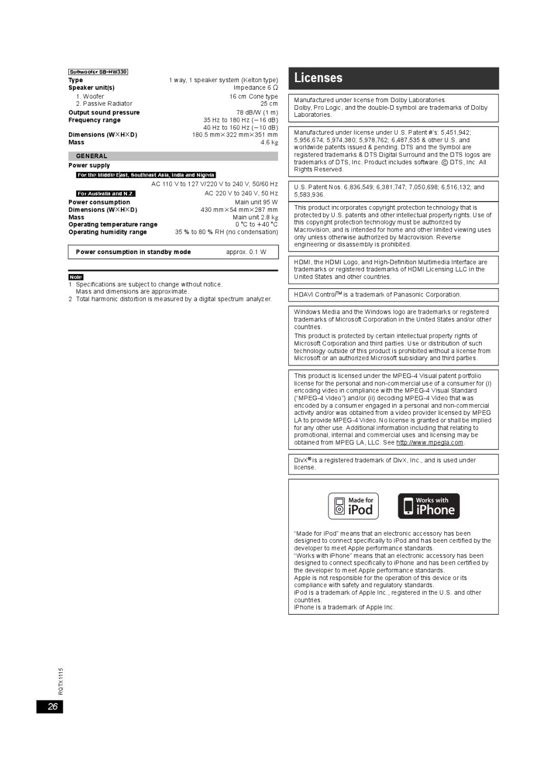 Panasonic SC-PT580, SC-PT980 manual Licenses, General, Power supply FortheMiddleEast,SoutheastAsia,IndiaandNigeria 