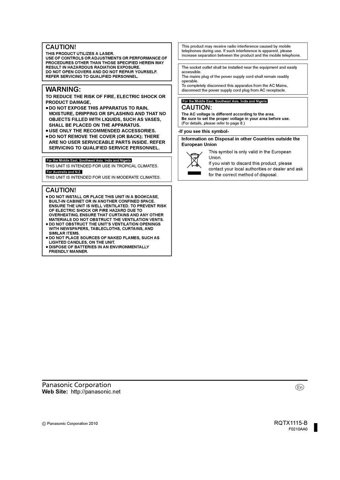 Panasonic SC-PT580 This Unit is Intended for USE in Tropical Climates, This Unit is Intended for USE in Moderate Climates 