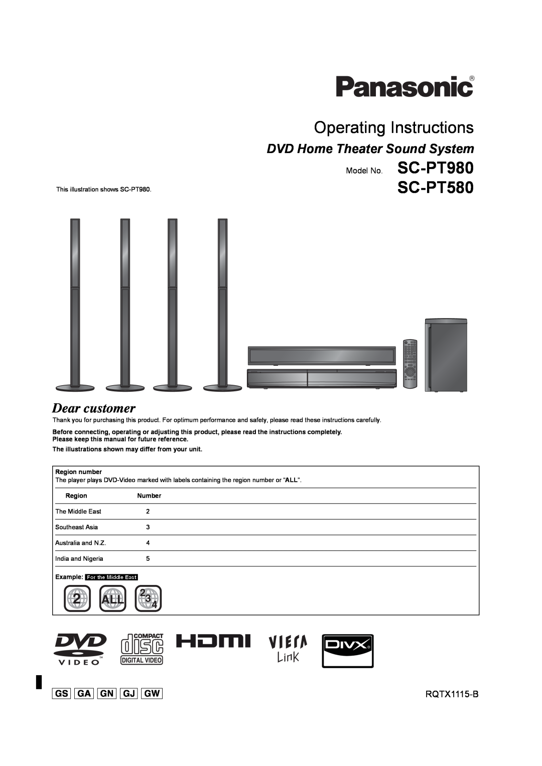 Panasonic SC-PT980 manual SC-PT580, RQTX1115-B, Operating Instructions, DVD Home Theater Sound System, 2 ALL 