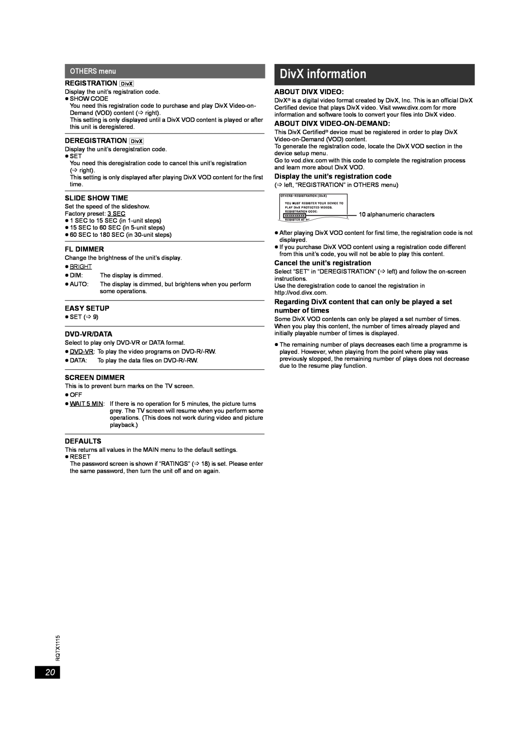 Panasonic SC-PT580, SC-PT980 manual DivX information, OTHERS menu 