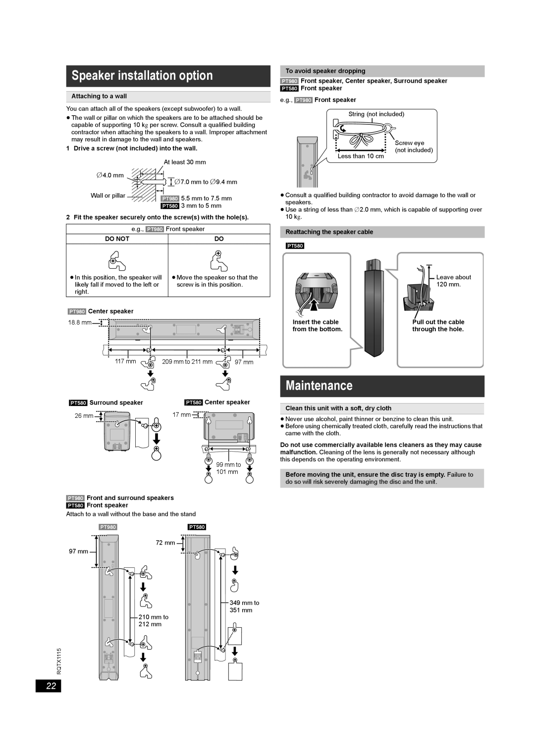 Panasonic SC-PT580, SC-PT980 manual Speaker installation option, Maintenance 