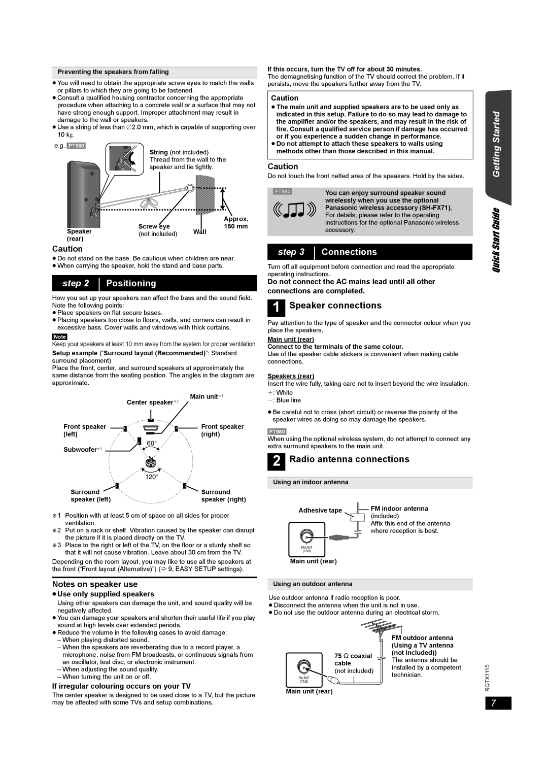 Panasonic SC-PT980 Positioning, Connections, Speaker connections, Radio antenna connections, Notes on speaker use, step 