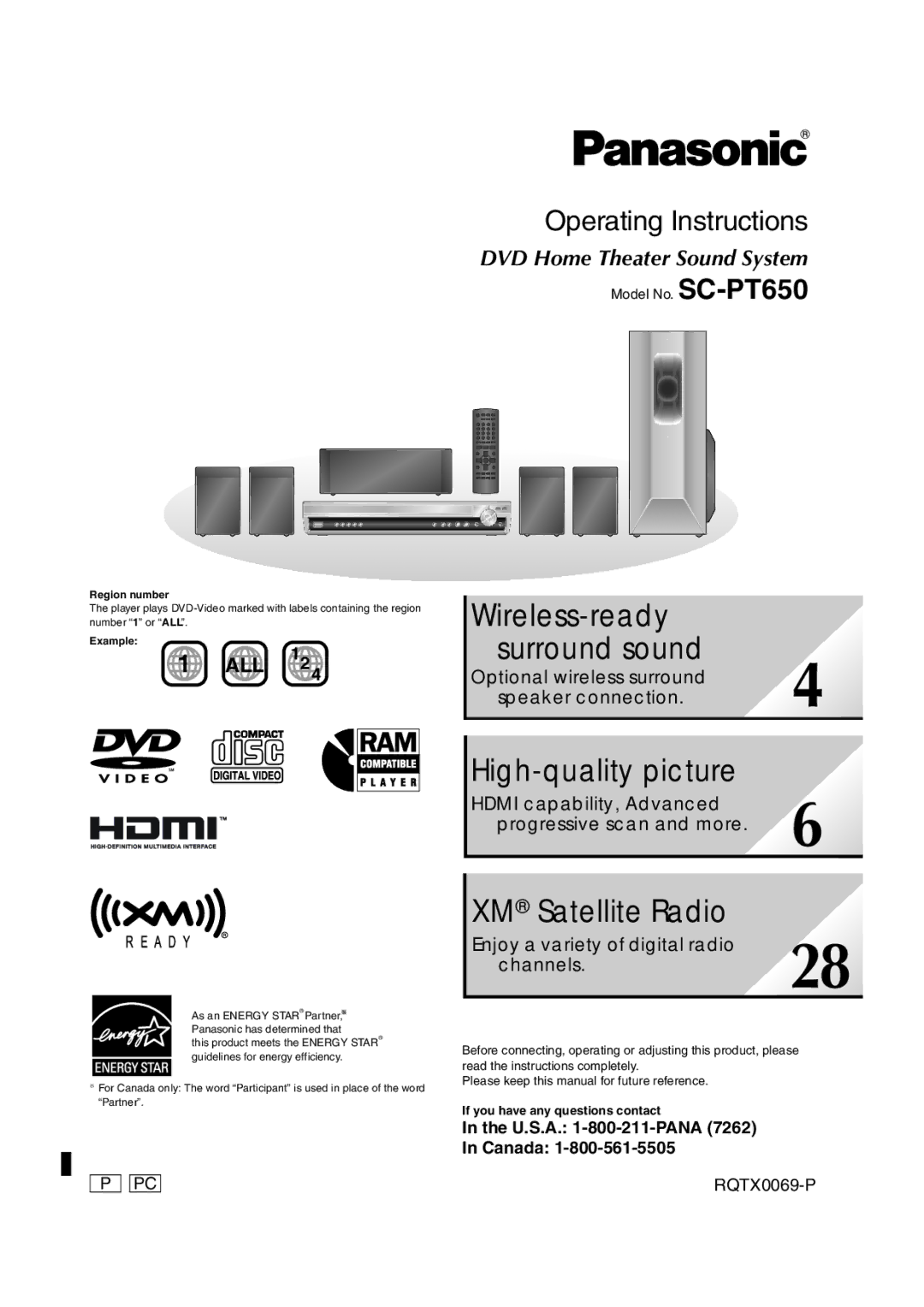 Panasonic SC-PT650 operating instructions If you have any questions contact, Region number, Example 