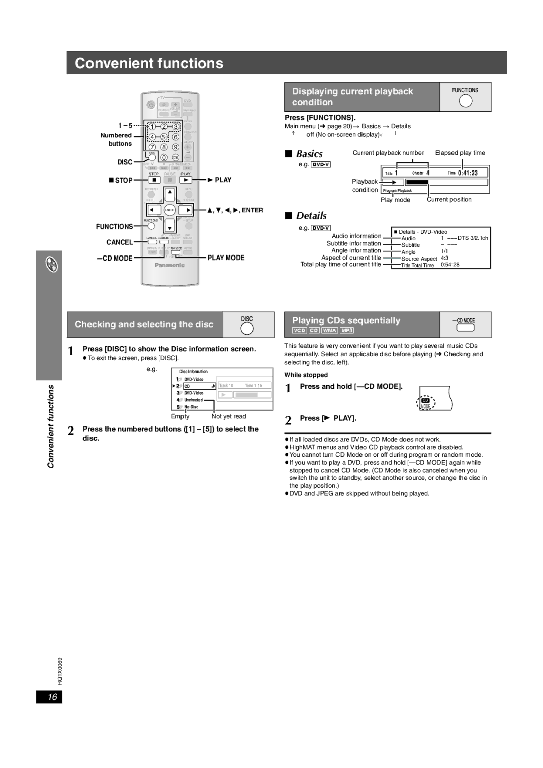 Panasonic SC-PT650 operating instructions Convenient functions, Basics, Details 