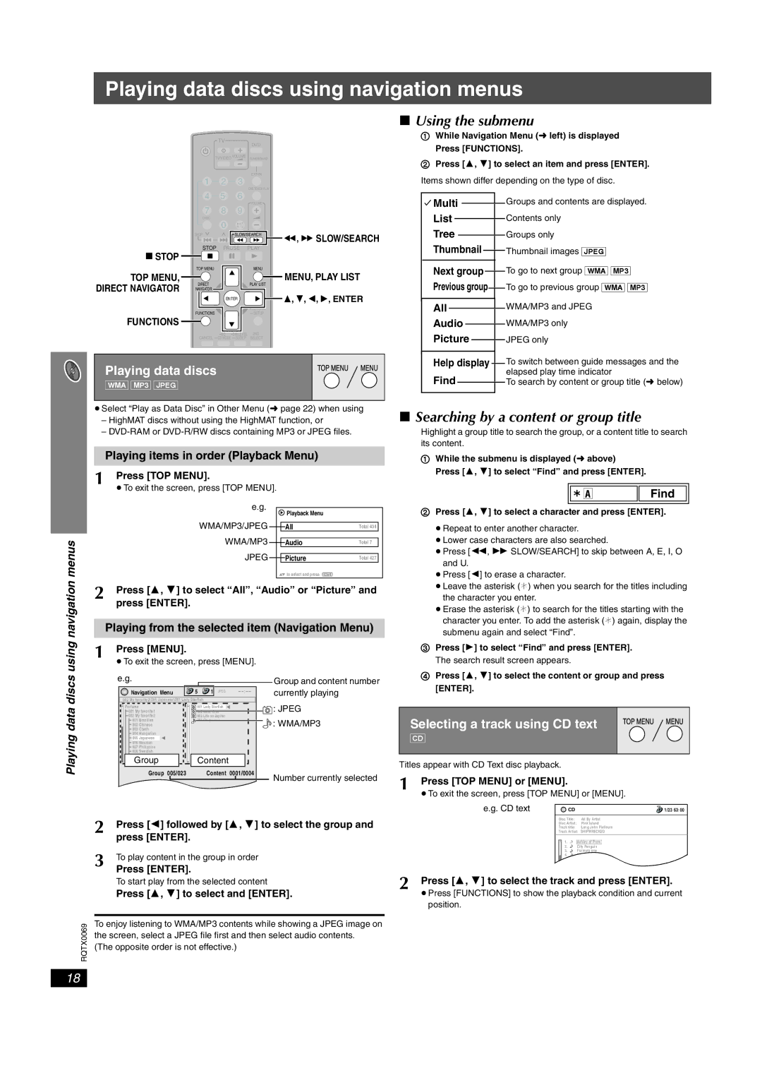 Panasonic SC-PT650 Playing data discs using navigation menus, Using the submenu, Searching by a content or group title 