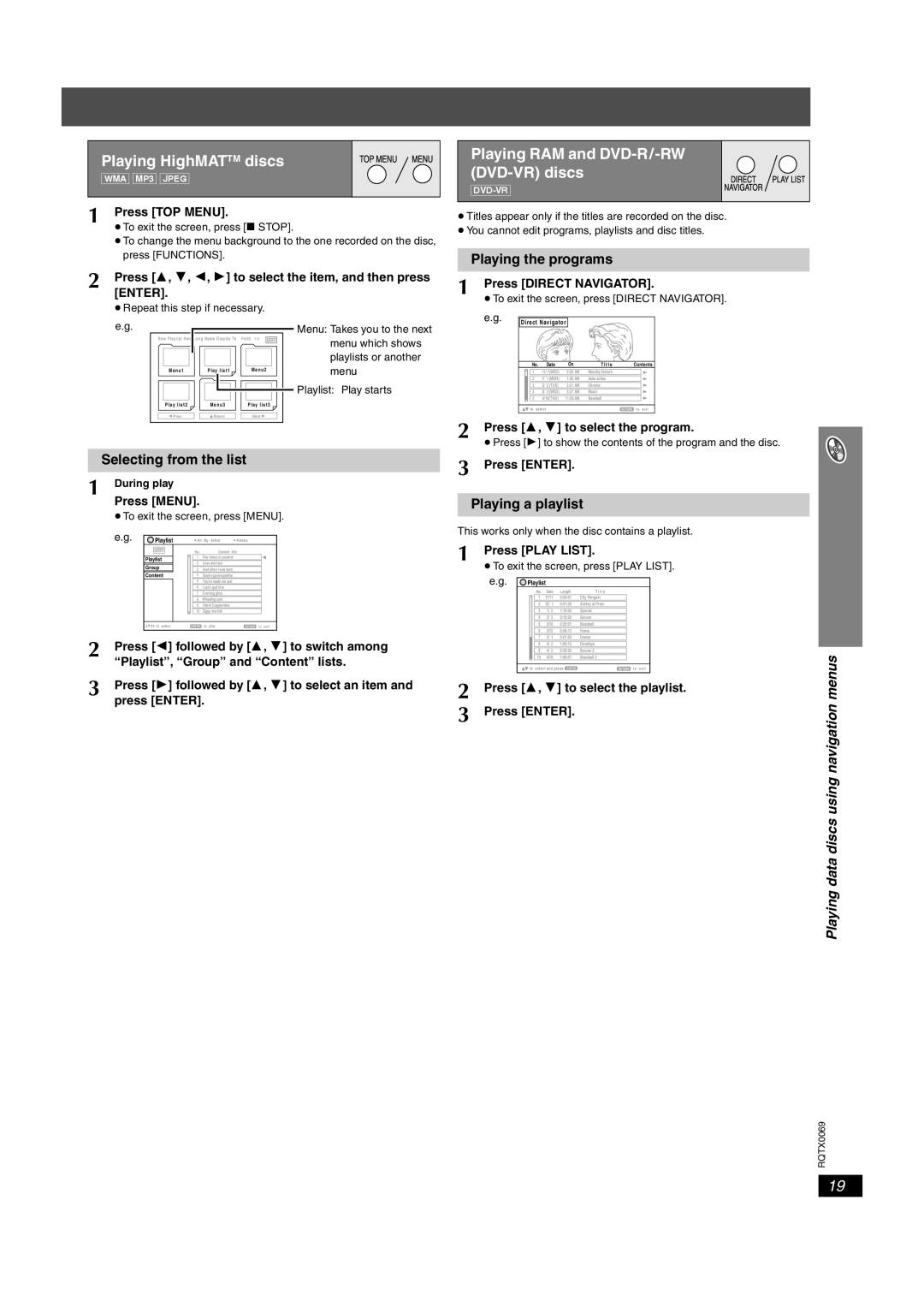 Panasonic SC-PT650 operating instructions Playing HighMATTM discs, Playing RAM and DVD-R/-RW DVD-VR discs 