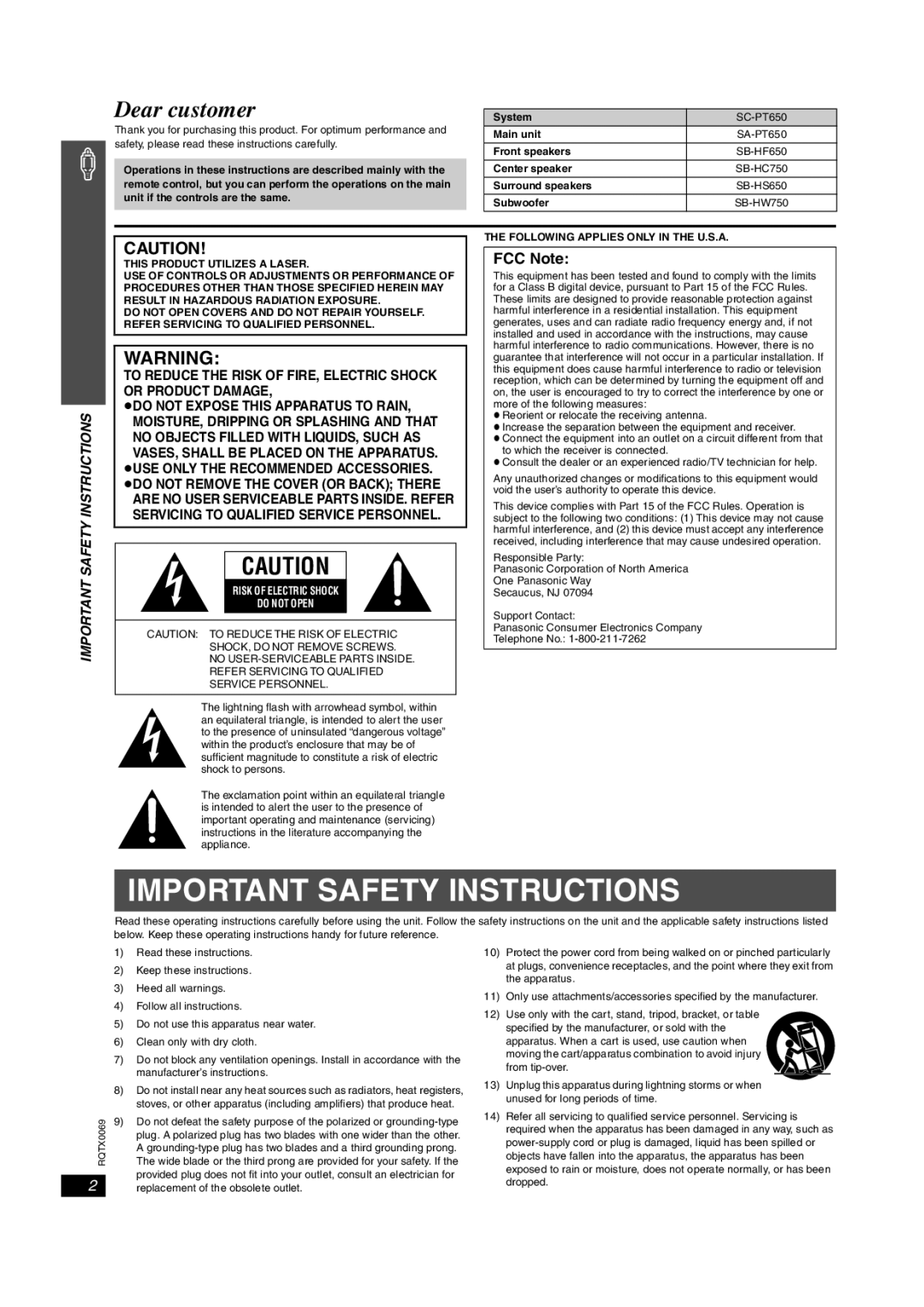 Panasonic SC-PT650 operating instructions Important Safety Instructions 