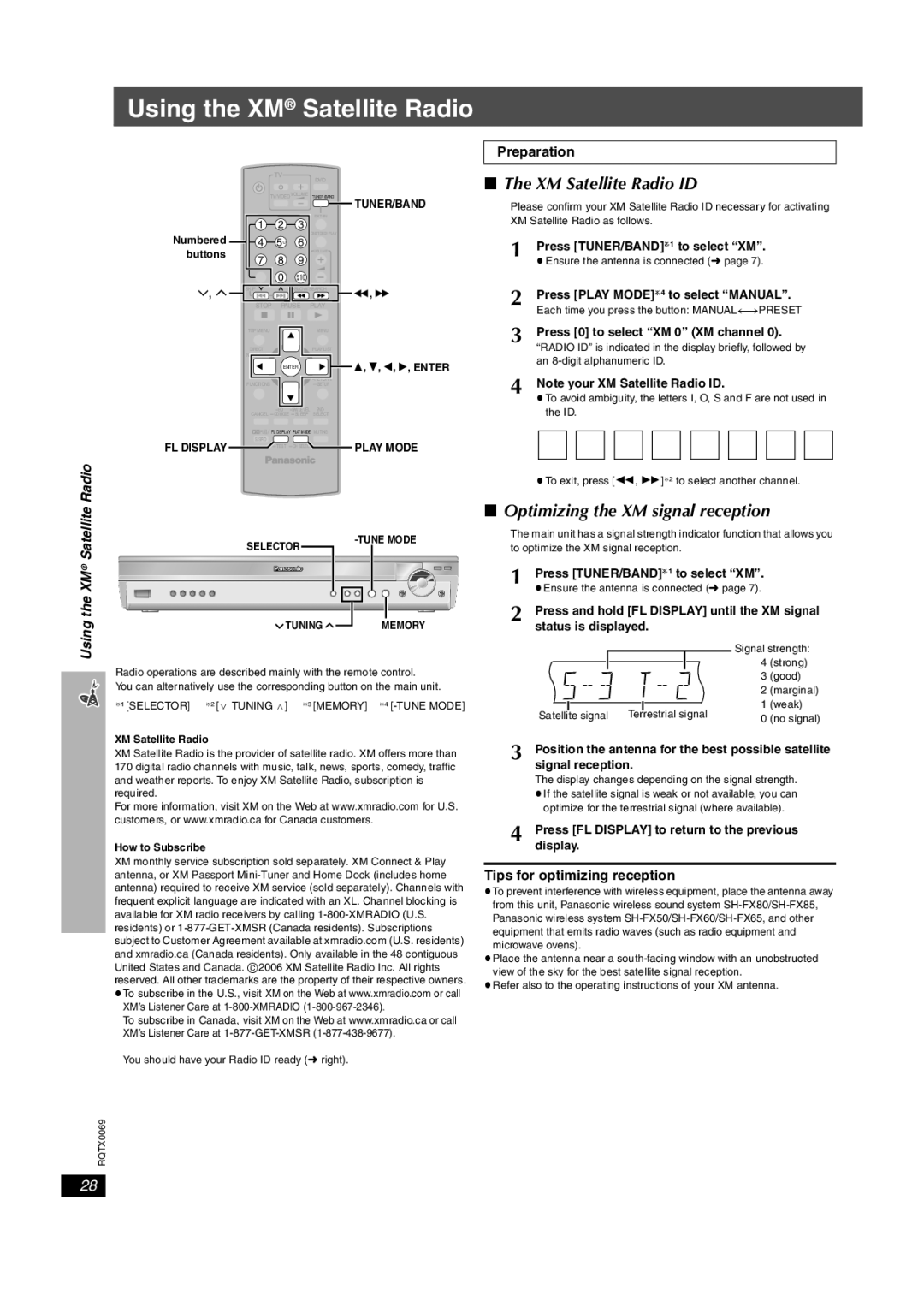 Panasonic SC-PT650 Using the XM Satellite Radio, XM Satellite Radio ID, Optimizing the XM signal reception, Preparation 