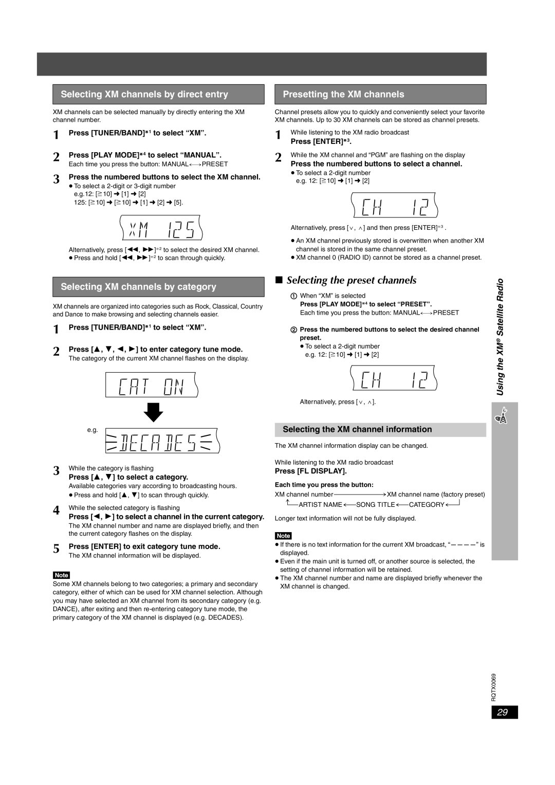 Panasonic SC-PT650 Selecting the preset channels, Selecting XM channels by direct entry, Presetting the XM channels 