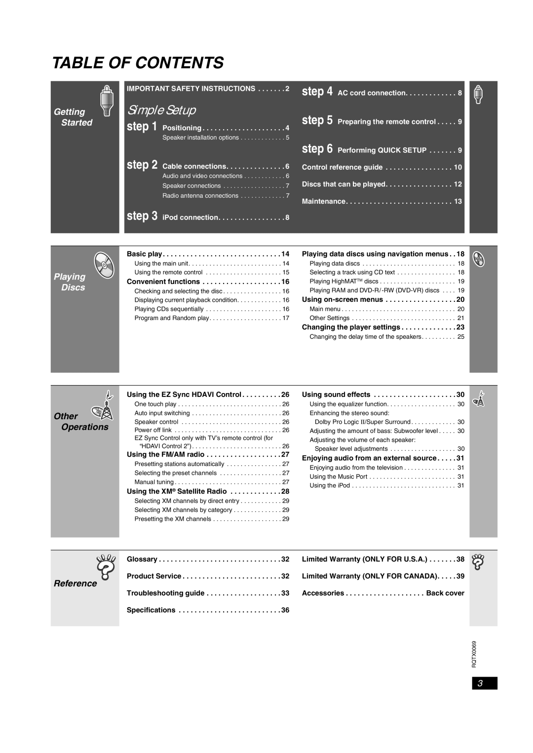 Panasonic SC-PT650 operating instructions Table of Contents 