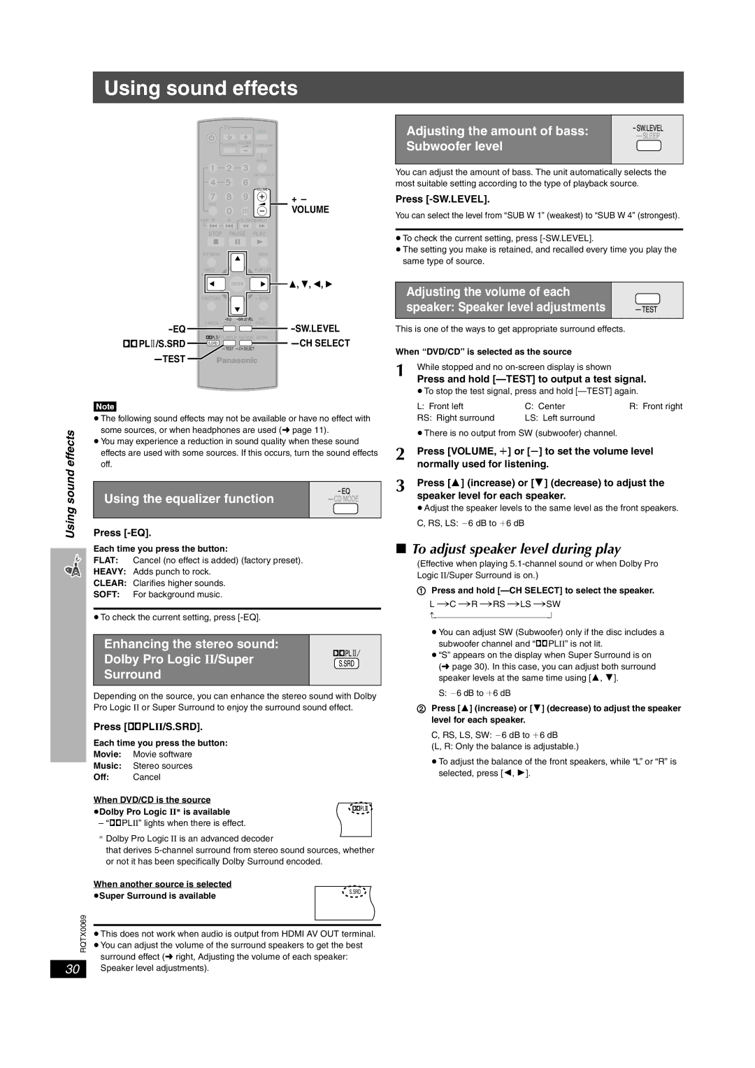 Panasonic SC-PT650 Using sound effects, To adjust speaker level during play, Using the equalizer function 