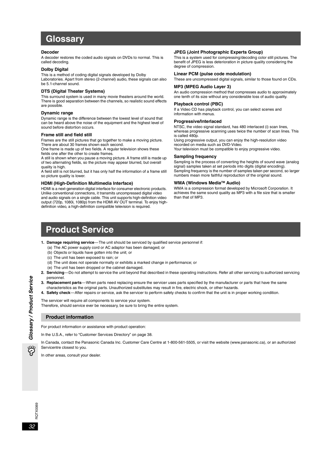 Panasonic SC-PT650 operating instructions Glossary / Product Service, Product information 