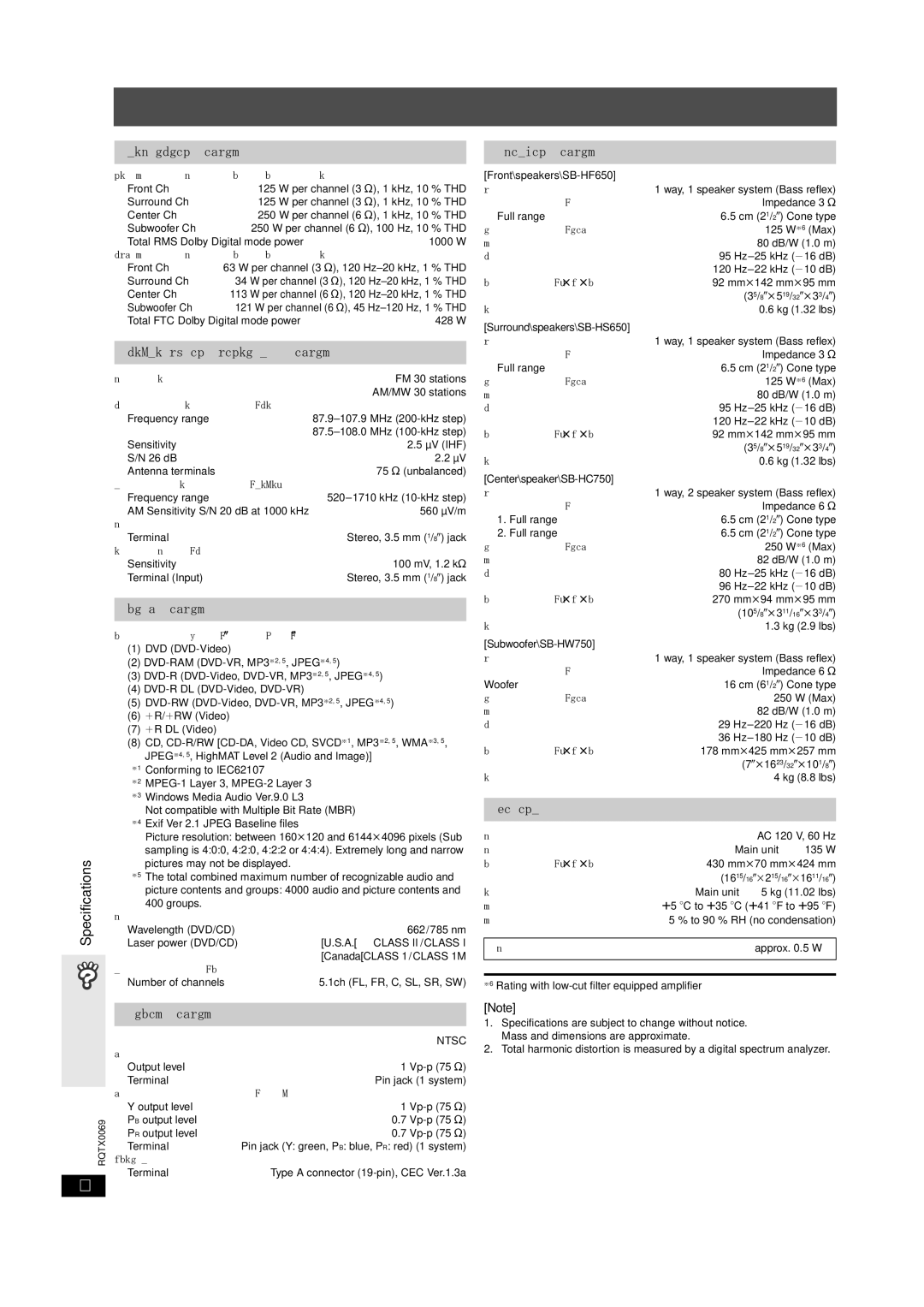 Panasonic SC-PT650 operating instructions Specifications 