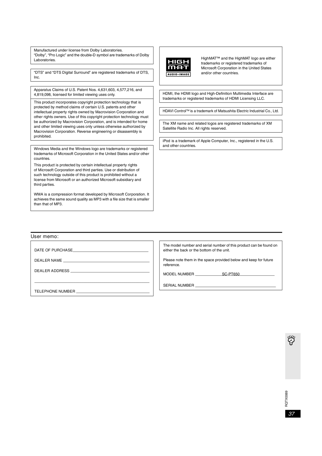 Panasonic SC-PT650 operating instructions User memo 