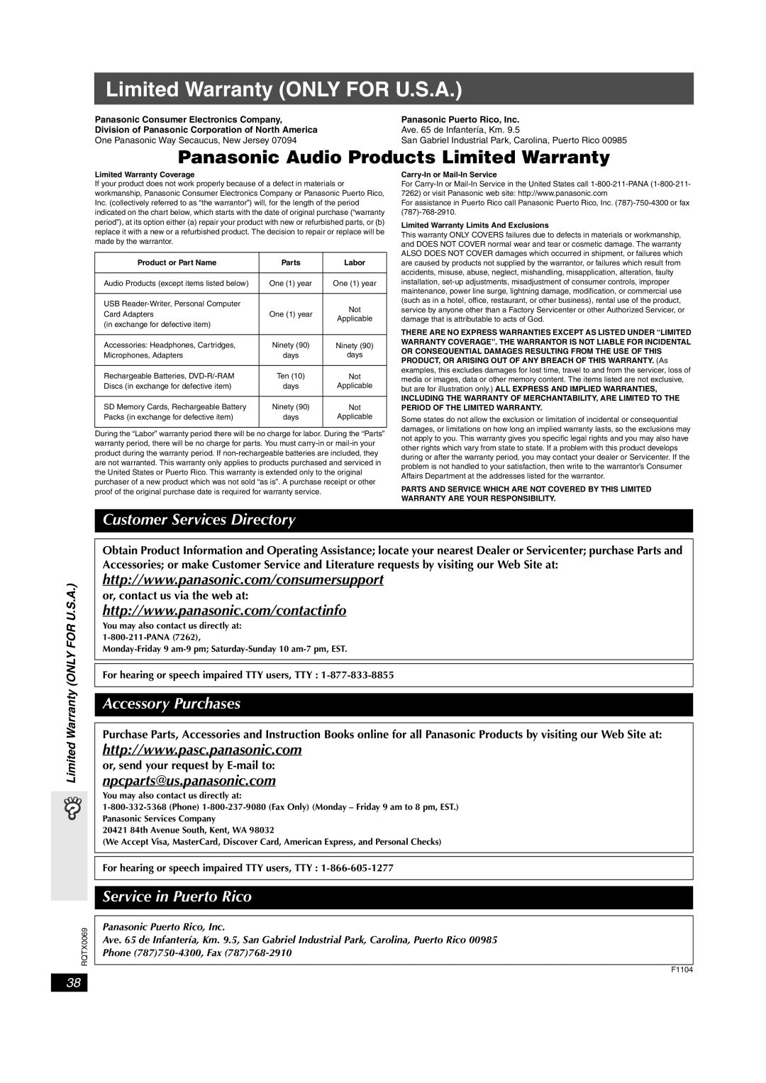 Panasonic SC-PT650 operating instructions Limited Warranty only for U.S.A, Npcparts@us.panasonic.com 