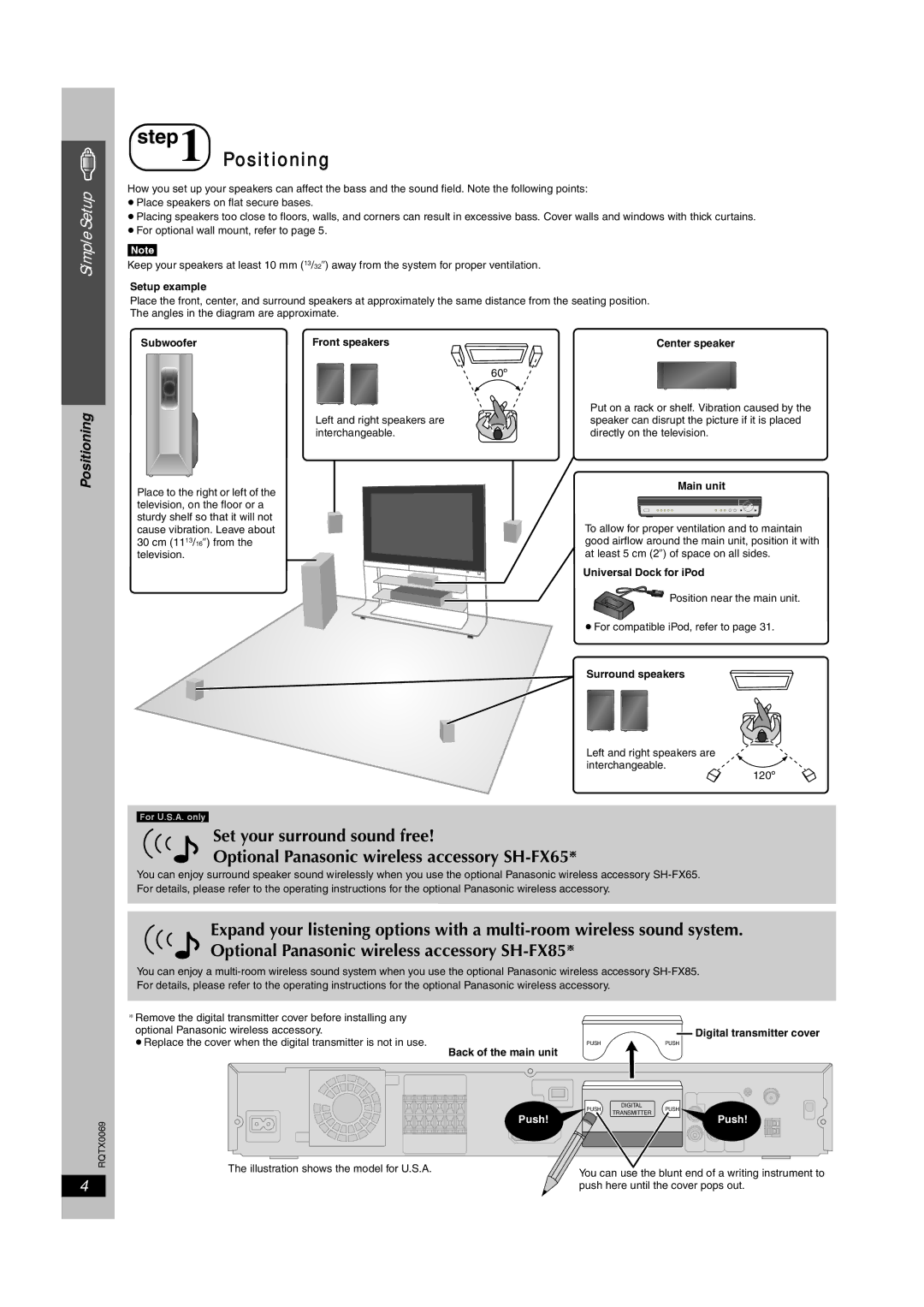 Panasonic SC-PT650 operating instructions Positioning, Setup example, Universal Dock for iPod, Back of the main unit 