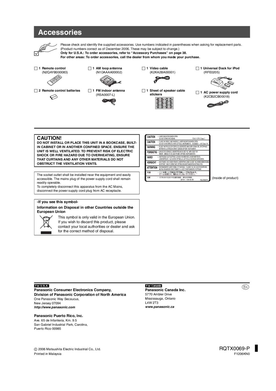 Panasonic SC-PT650 Accessories, Panasonic Consumer Electronics Company, Division of Panasonic Corporation of North America 