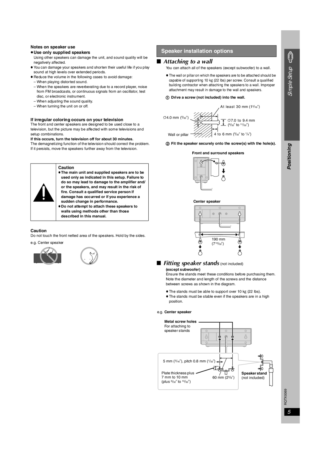 Panasonic SC-PT650 Attaching to a wall, Fitting speaker stands not included, Speaker installation options 