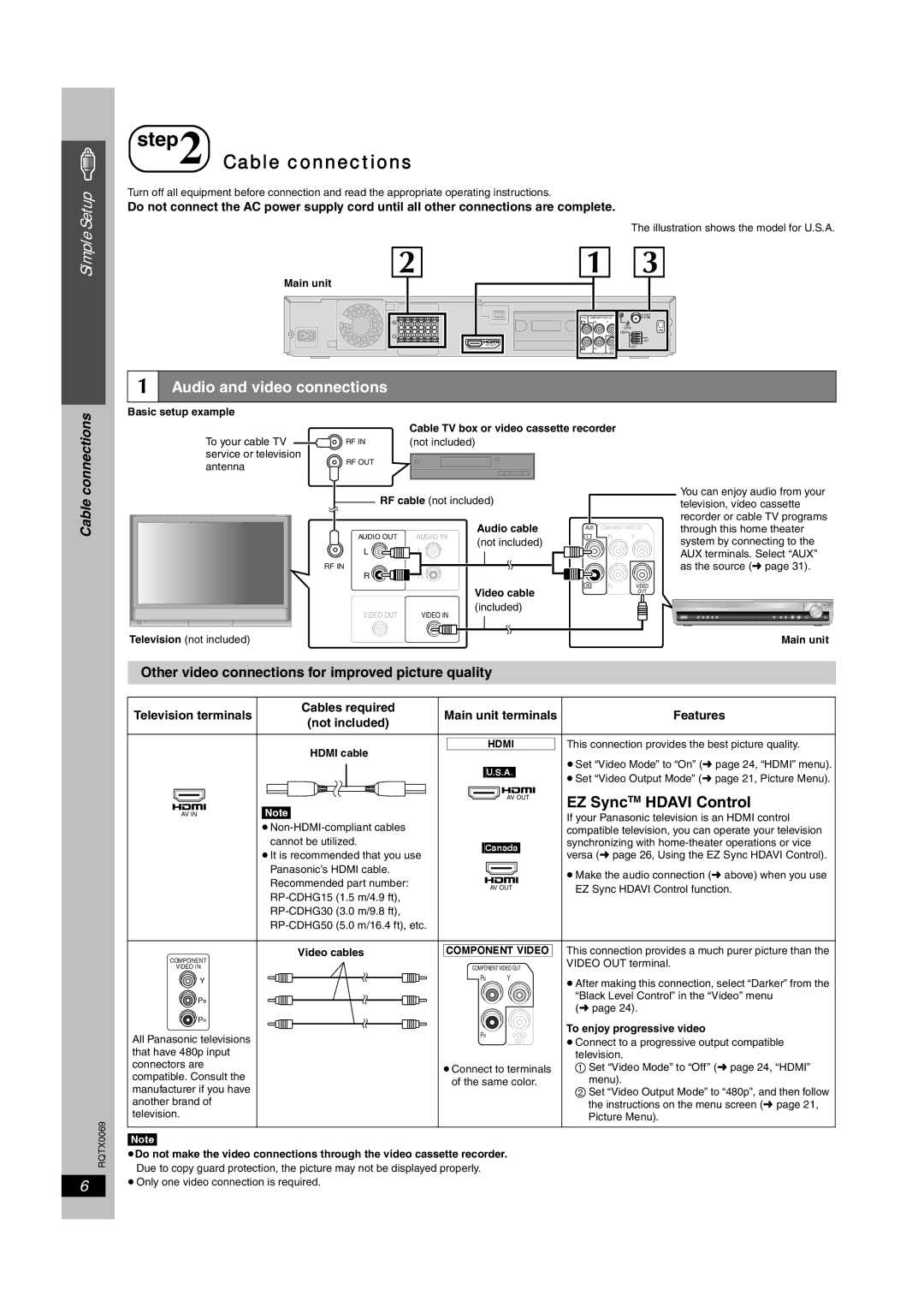 Panasonic SC-PT650 Audio and video connections, Connections, Cable, Other video connections for improved picture quality 