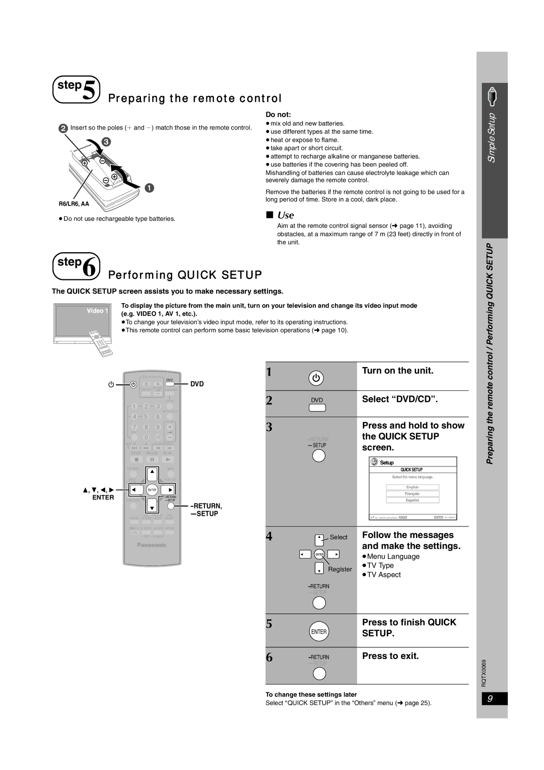 Panasonic SC-PT650 operating instructions Use, Preparing the remote control / Performing Quick Setup, Do not 