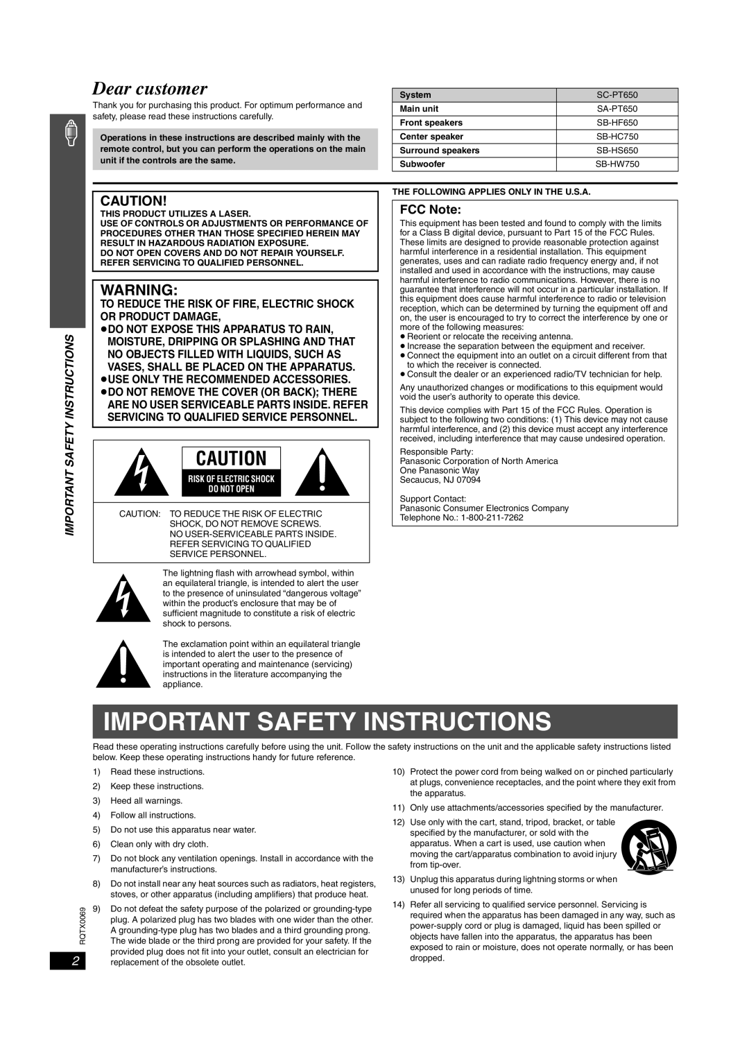 Panasonic SC-PT650 operating instructions FCC Note, Important Safety Instructions, ≥Do Not Expose This Apparatus To Rain 