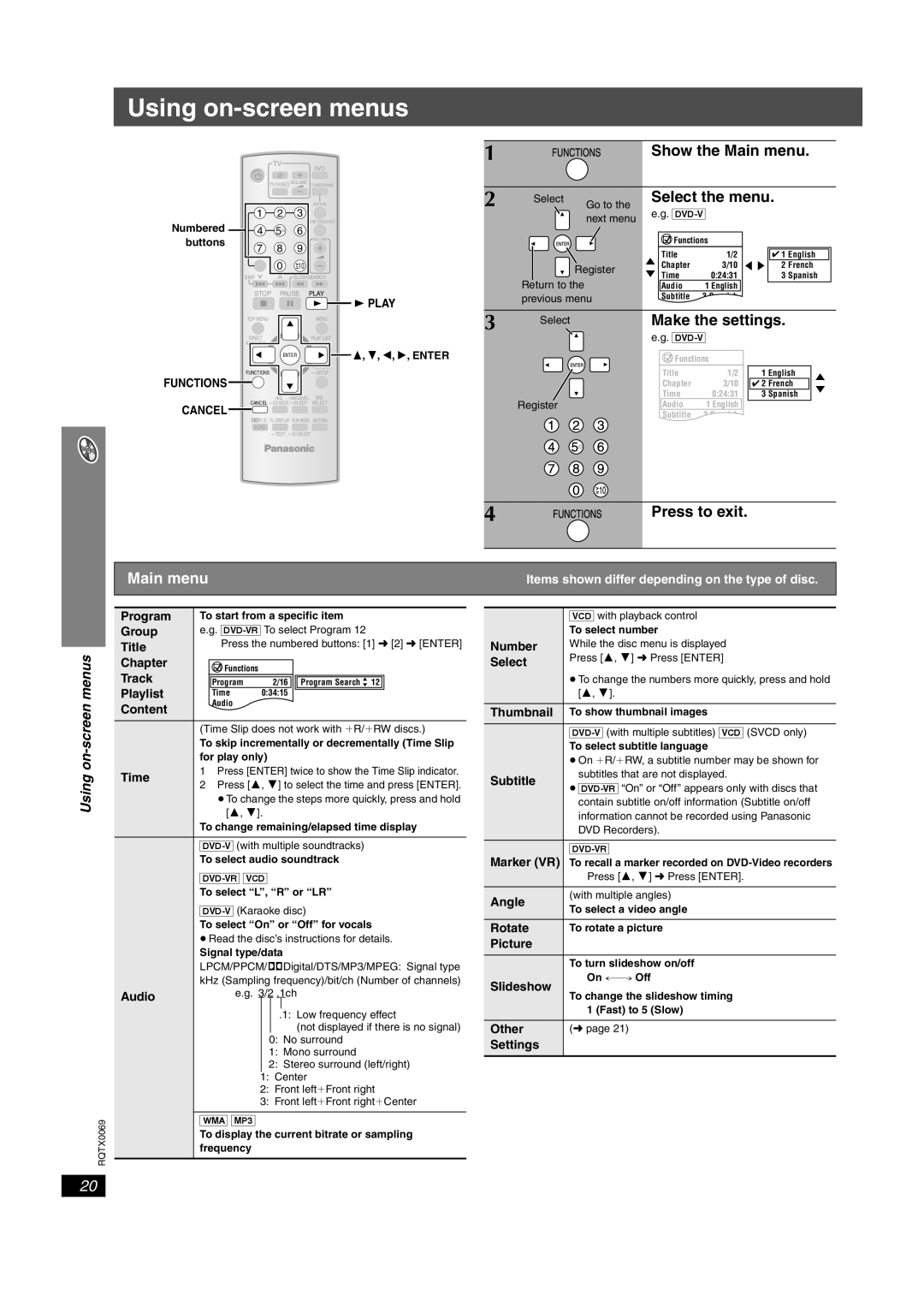 Panasonic SC-PT650 Using on-screenmenus, Press to exit, Main menu, Program, Group, Title, Chapter, Track, Playlist, Time 