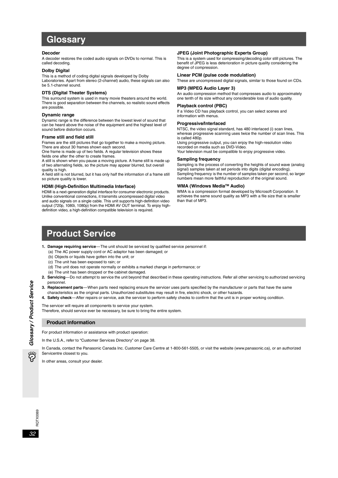 Panasonic SC-PT650 Glossary / Product Service, Product information, Decoder, Dolby Digital, Dynamic range 